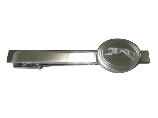 Silver Toned Etched Oval Running Cheetah Tie Clip