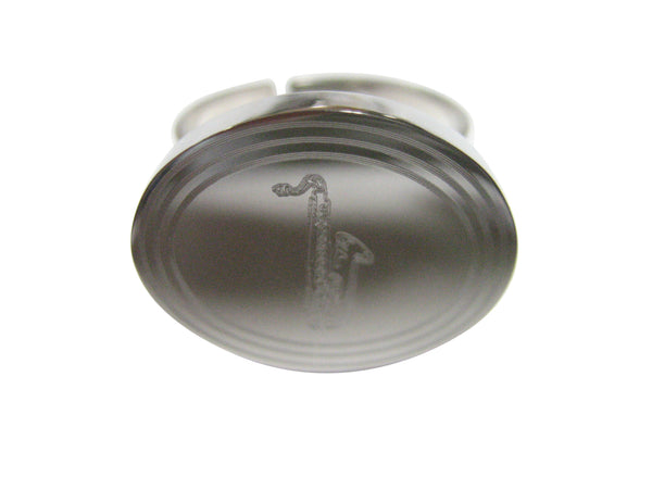 Silver Toned Etched Oval Saxophone Music Instrument Adjustable Size Fashion Ring