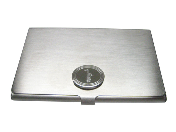 Silver Toned Etched Oval Saxophone Music Instrument Business Card Holder