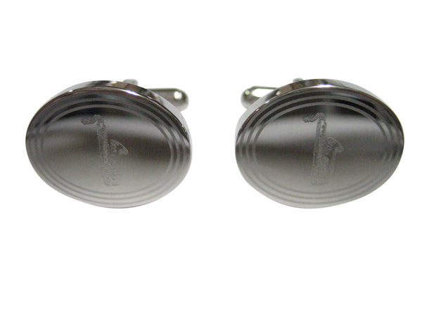 Silver Toned Etched Oval Saxophone Music Instrument Cufflinks