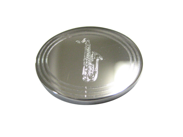 Silver Toned Etched Oval Saxophone Music Instrument Magnet