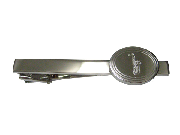 Silver Toned Etched Oval Saxophone Music Instrument Tie Clip