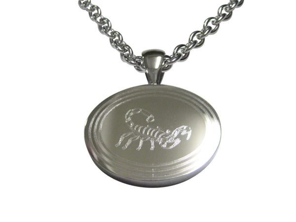 Silver Toned Etched Oval Scorpion Pendant Necklace