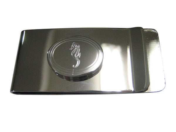 Silver Toned Etched Oval Sea Horse Money Clip