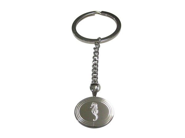 Silver Toned Etched Oval Sea Horse Pendant Keychain