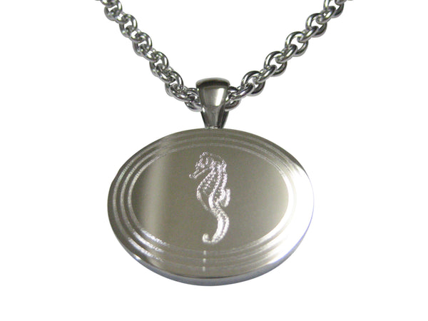 Silver Toned Etched Oval Sea Horse Pendant Necklace