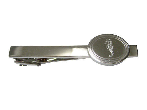 Silver Toned Etched Oval Sea Horse Tie Clip