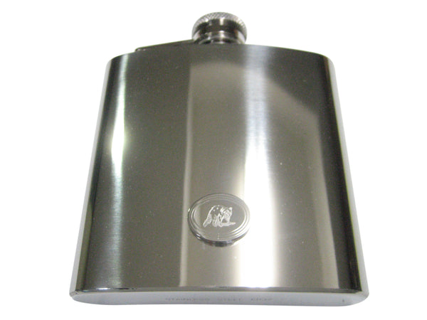 Silver Toned Etched Oval Shaded Raccoon 6oz Flask