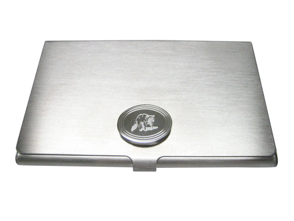 Silver Toned Etched Oval Shaded Raccoon Business Card Holder