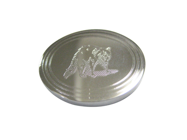Silver Toned Etched Oval Shaded Raccoon Magnet