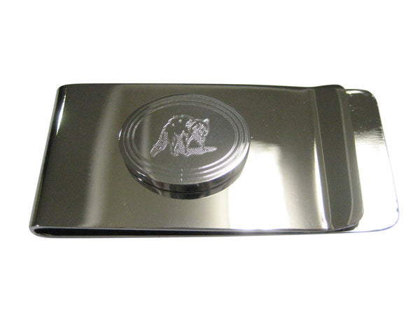 Silver Toned Etched Oval Shaded Raccoon Money Clip