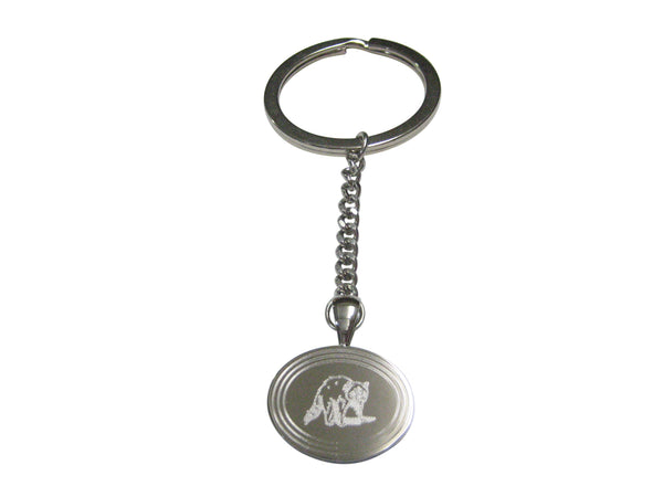 Silver Toned Etched Oval Shaded Raccoon Pendant Keychain