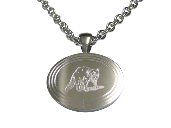 Silver Toned Etched Oval Shaded Raccoon Pendant Necklace