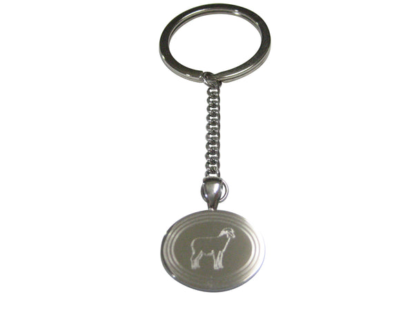 Silver Toned Etched Oval Sheep Pendant Keychain