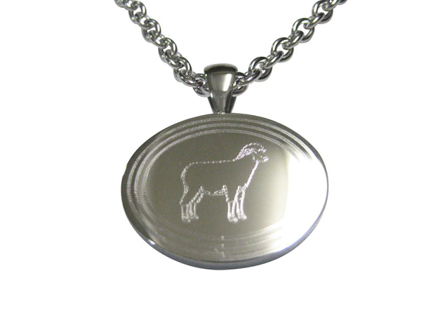 Silver Toned Etched Oval Sheep Pendant Necklace