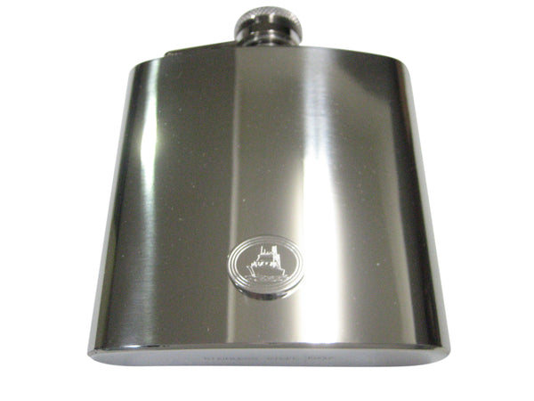 Silver Toned Etched Oval Ship 6oz Flask