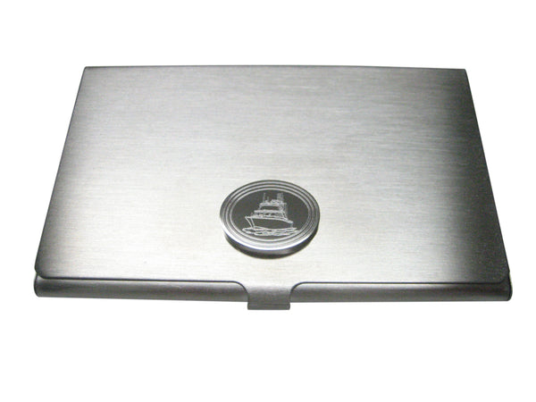 Silver Toned Etched Oval Ship Business Card Holder