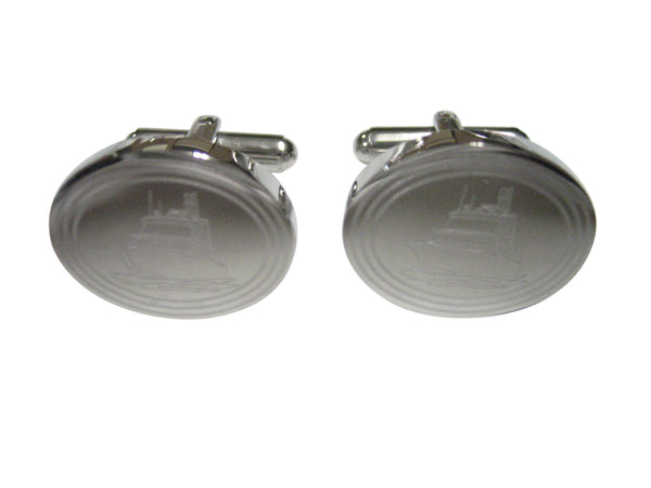 Silver Toned Etched Oval Ship Cufflinks