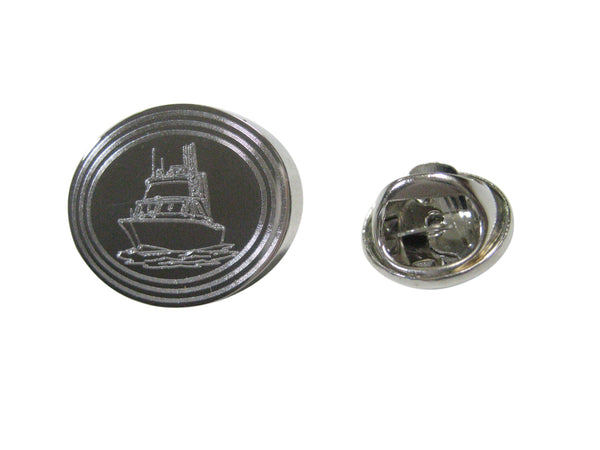Silver Toned Etched Oval Ship Lapel Pin