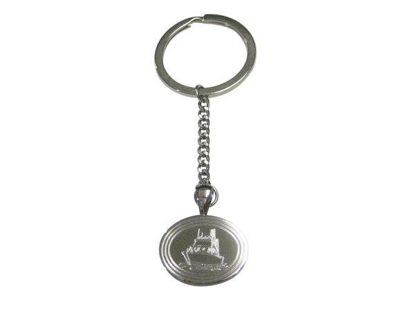 Silver Toned Etched Oval Ship Pendant Keychain