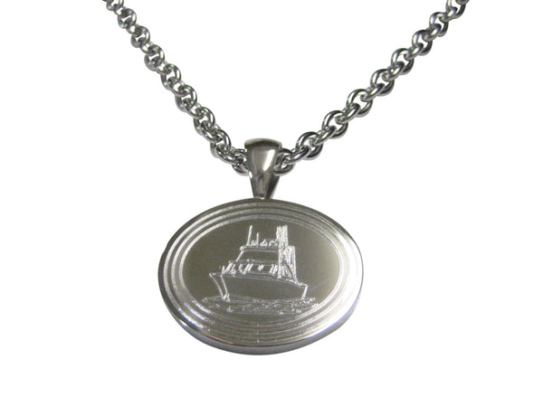 Silver Toned Etched Oval Ship Pendant Necklace