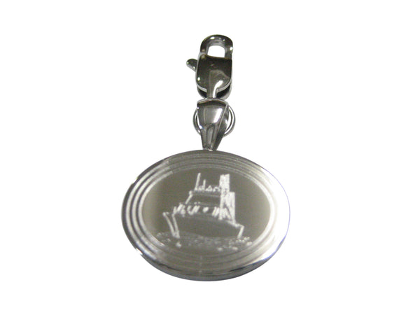 Silver Toned Etched Oval Ship Pendant Zipper Pull Charm