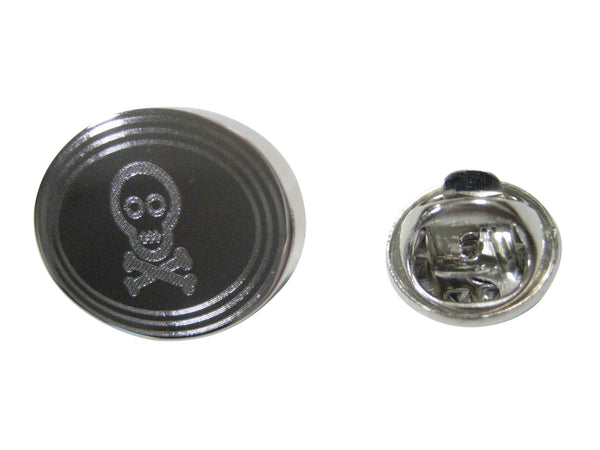 Silver Toned Etched Oval Shy Skull with Crossbones Lapel Pin