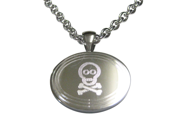 Silver Toned Etched Oval Shy Skull with Crossbones Pendant Necklace