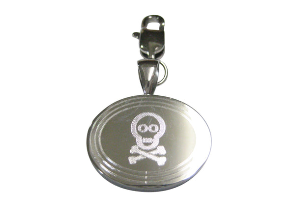 Silver Toned Etched Oval Shy Skull with Crossbones Pendant Zipper Pull Charm