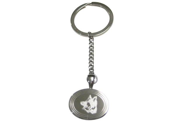 Silver Toned Etched Oval Side Facing Dog Head Pendant Keychain