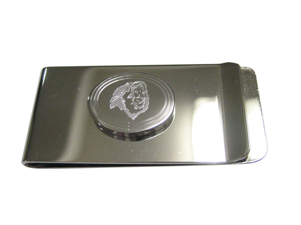 Silver Toned Etched Oval Side Facing Lion Head Money Clip