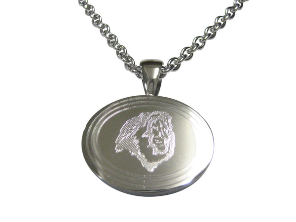Silver Toned Etched Oval Side Facing Lion Head Pendant Necklace