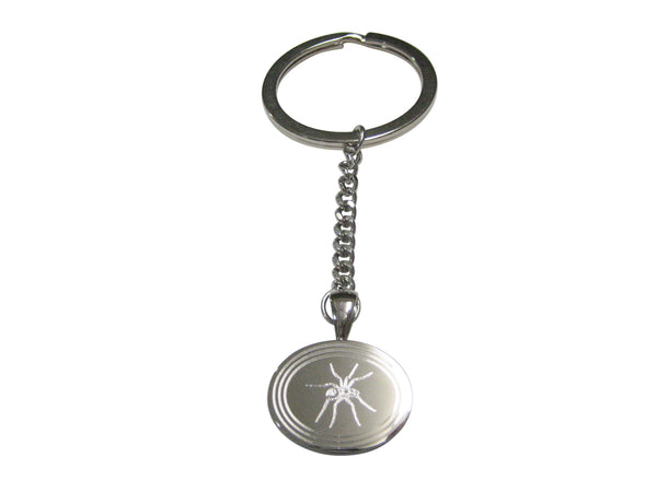 Silver Toned Etched Oval Side Facing Spider Pendant Keychain
