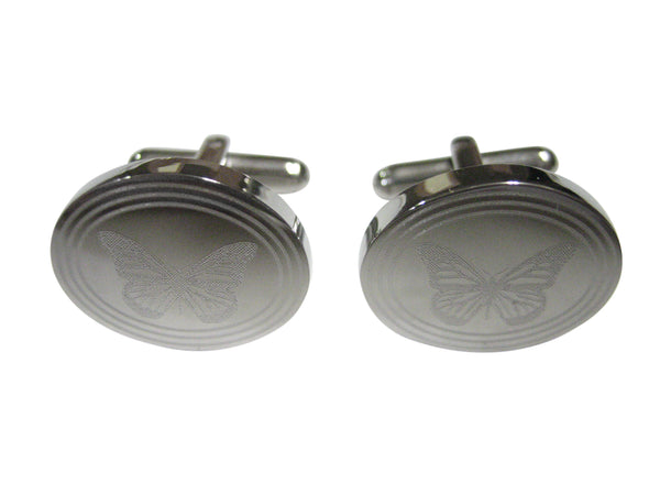 Silver Toned Etched Oval Simple Butterfly Bug Cufflinks