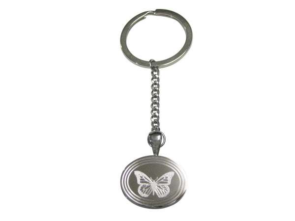 Silver Toned Etched Oval Simple Butterfly Bug Pendant Keychain