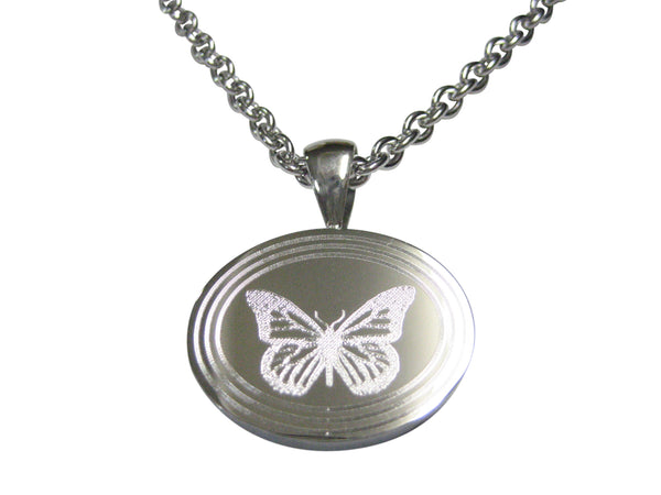 Silver Toned Etched Oval Simple Butterfly Bug Pendant Necklace