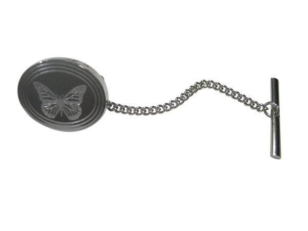 Silver Toned Etched Oval Simple Butterfly Bug Tie Tack