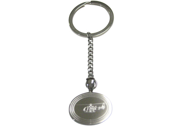 Silver Toned Etched Oval Simple Helicopter Pendant Keychain
