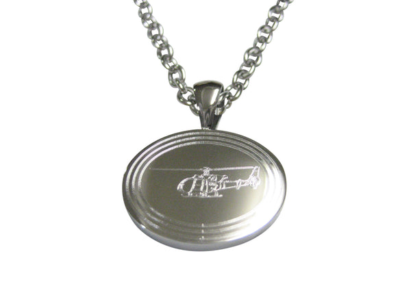 Silver Toned Etched Oval Simple Helicopter Pendant Necklace