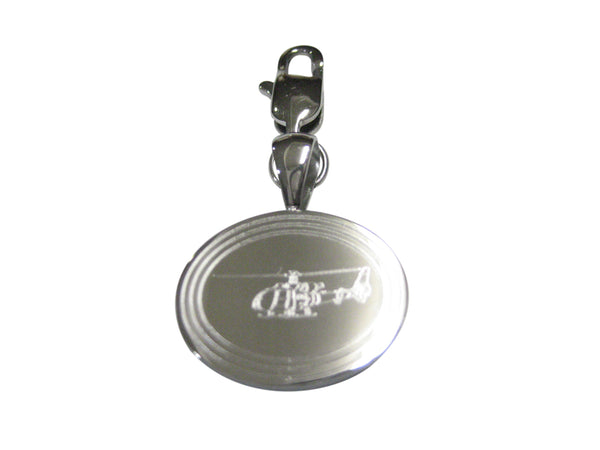 Silver Toned Etched Oval Simple Helicopter Pendant Zipper Pull Charm