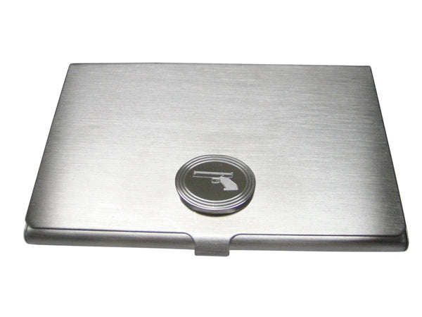 Silver Toned Etched Oval Simple Modern Handgun Business Card Holder