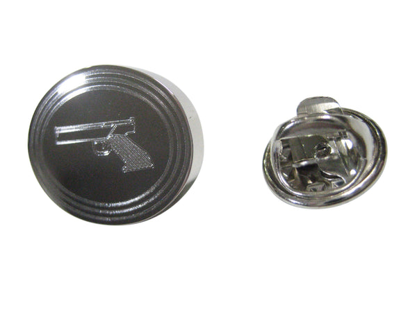 Silver Toned Etched Oval Simple Modern Handgun Lapel Pin