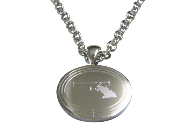 Silver Toned Etched Oval Simple Modern Handgun Pendant Necklace