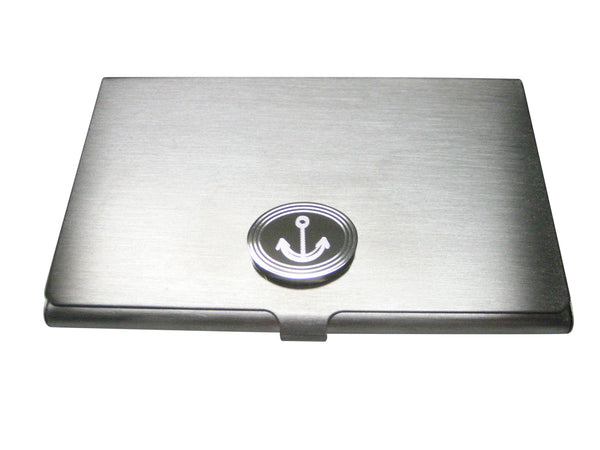 Silver Toned Etched Oval Simple Nautical Anchor Business Card Holder