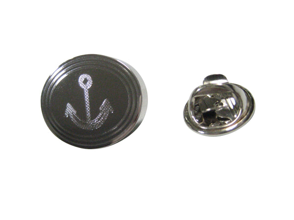 Silver Toned Etched Oval Simple Nautical Anchor Lapel Pin