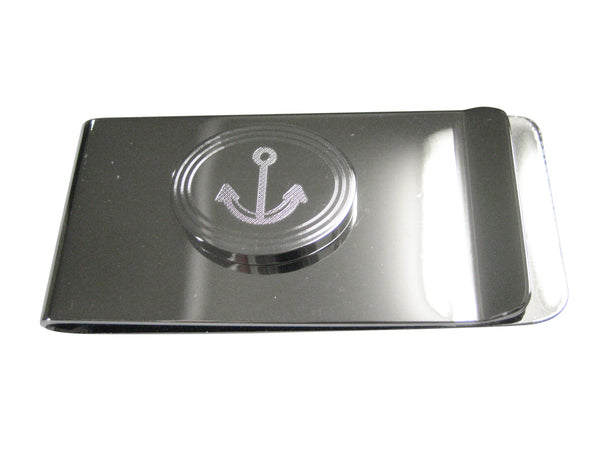 Silver Toned Etched Oval Simple Nautical Anchor Money Clip