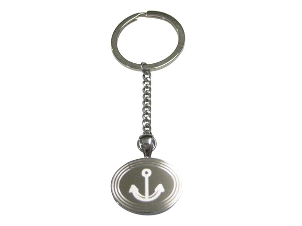 Silver Toned Etched Oval Simple Nautical Anchor Pendant Keychain