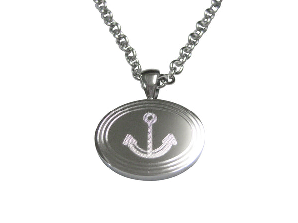 Silver Toned Etched Oval Simple Nautical Anchor Pendant Necklace