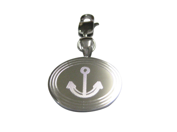 Silver Toned Etched Oval Simple Nautical Anchor Pendant Zipper Pull Charm