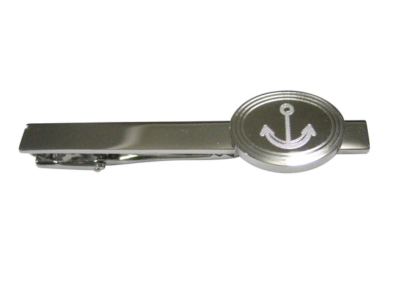 Silver Toned Etched Oval Simple Nautical Anchor Tie Clip